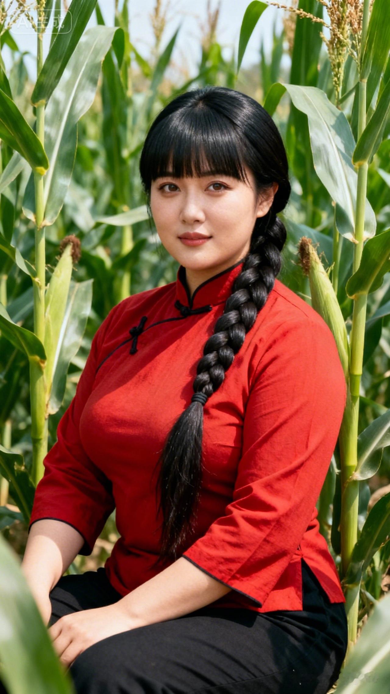 在玉米田里，红衣少女与自然融为一体，清新自然，美不胜收！🌽💃