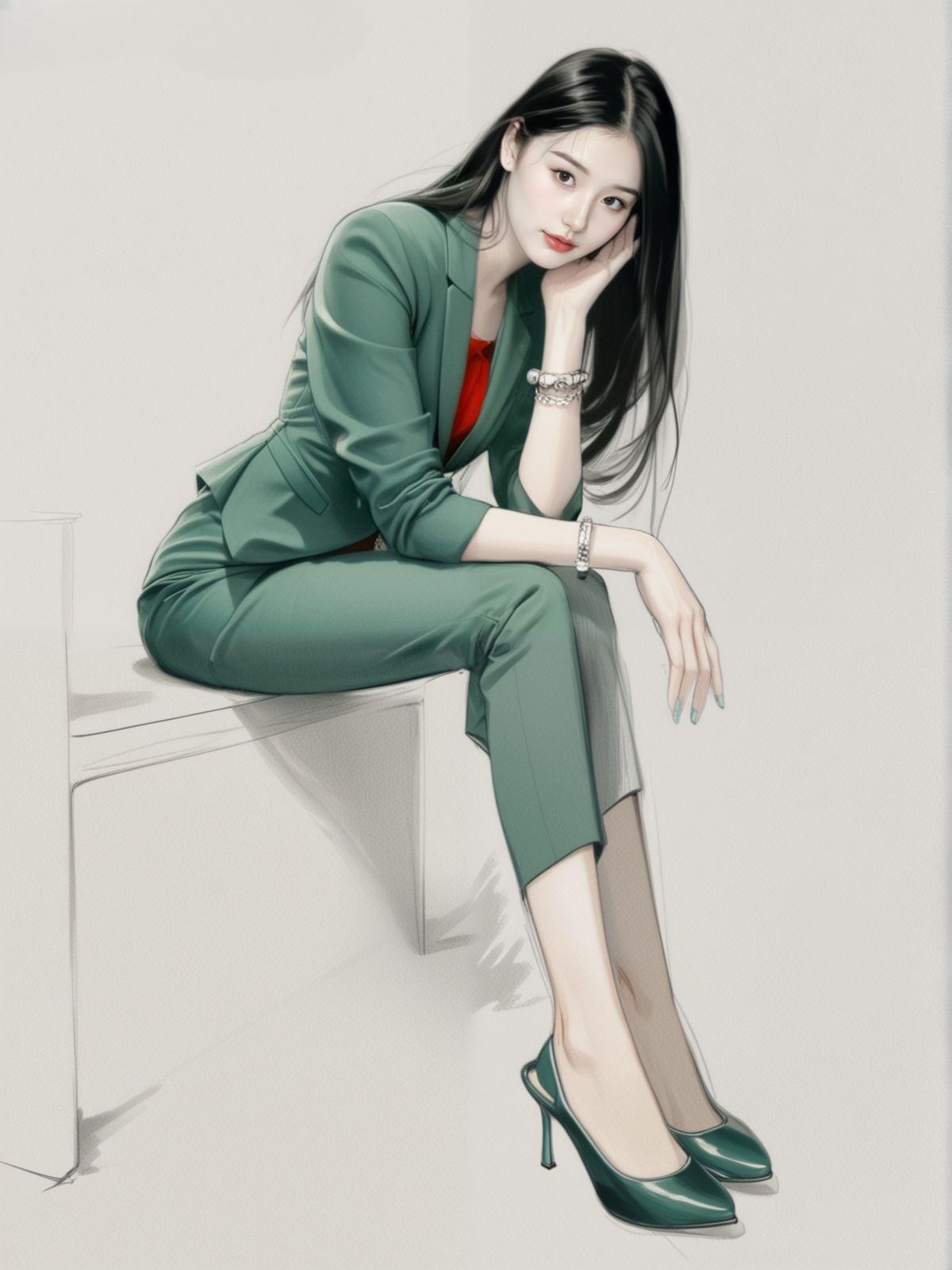 优雅职场风，绿西装搭配红内搭，气质满分！