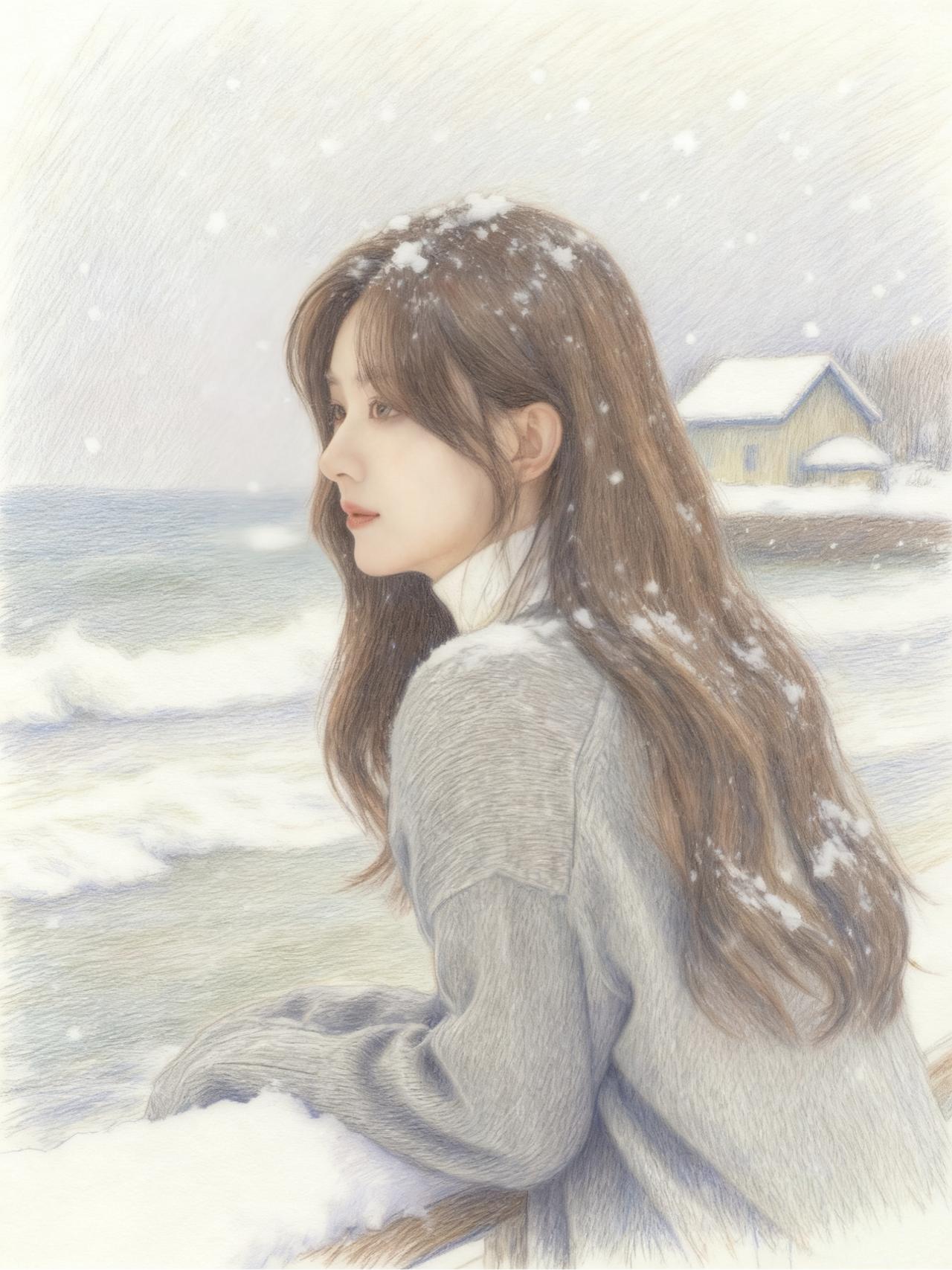 海浪翻涌着碎雪，发丝藏着星光，这人间的清冽与温柔，都在这一刻撞进眼底。