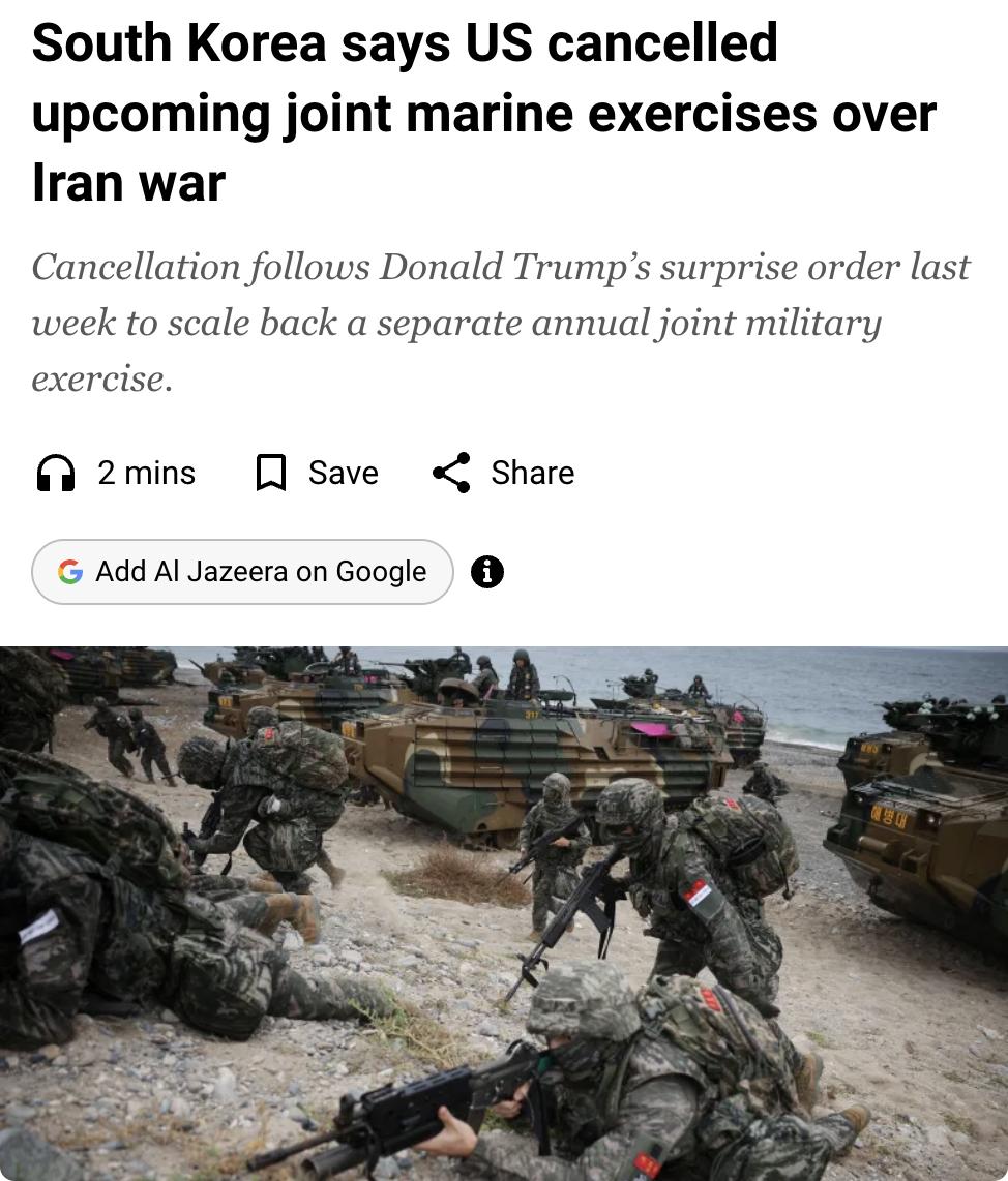 外媒：韩国军方称，因美以伊战导致兵力紧张，美国海军陆战队于6月正式通知取消原定9