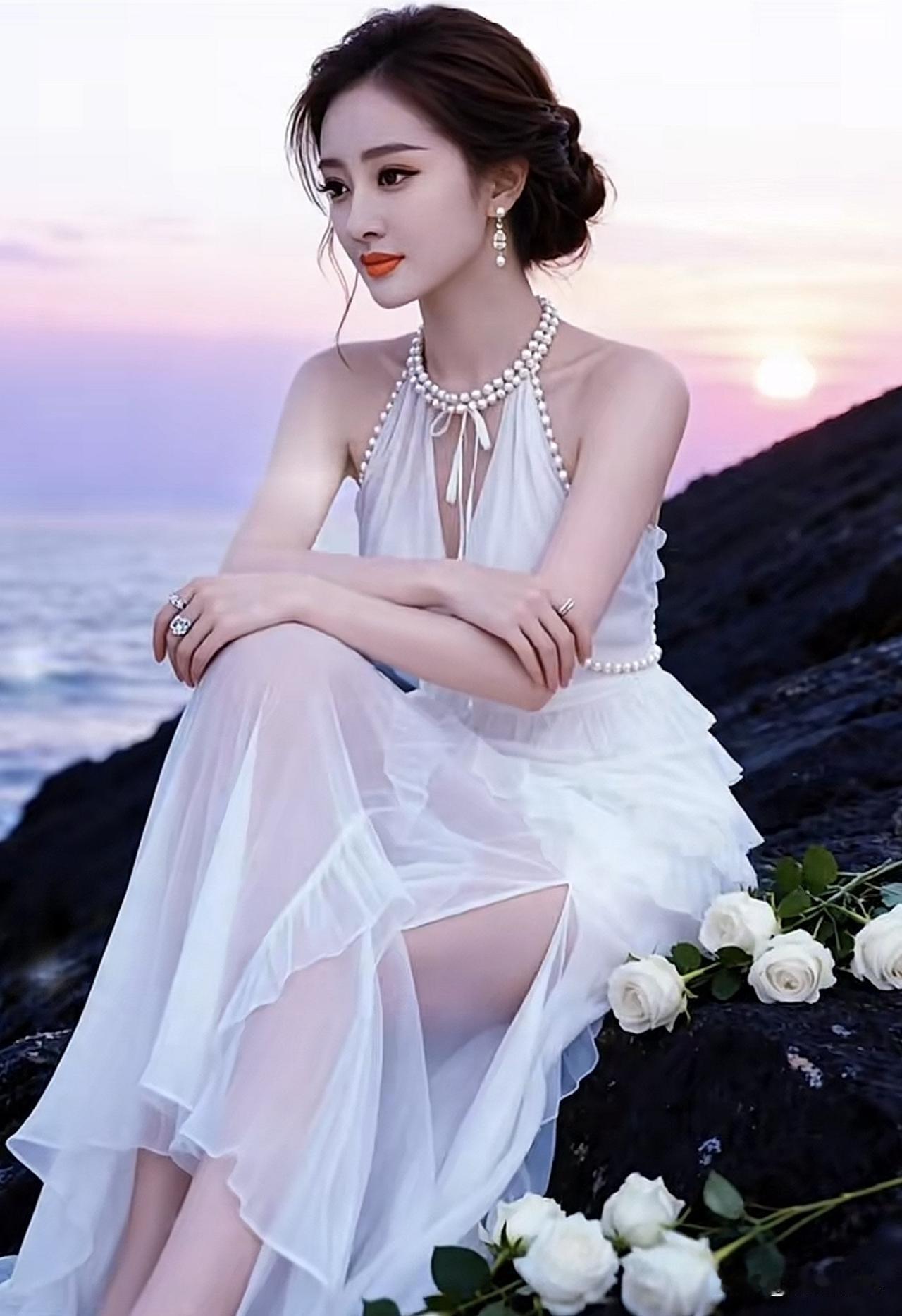 海边日落，优雅白裙，浪漫氛围海边日落氛围照 海边白裙造型 水边白裙照 海边白裙穿