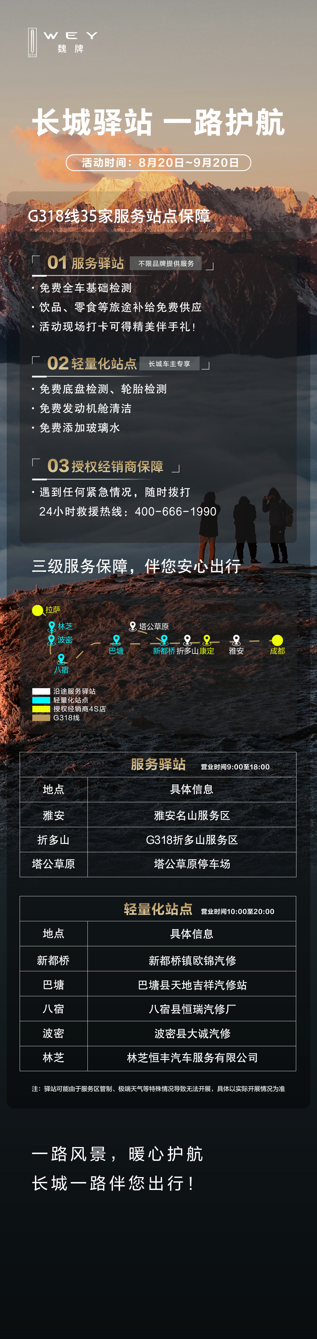 G318西部保障线已经全线启动了，大家只管放心出发，魏牌的服务保障始终在您身边，