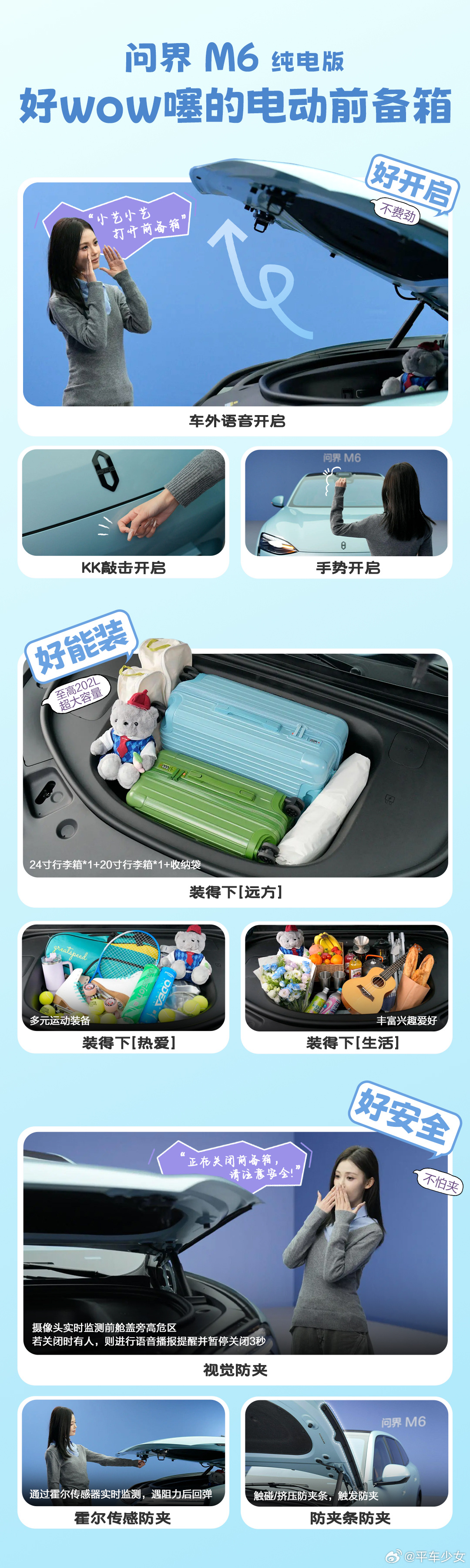 问界M6前备箱多能装 有8种开启方式：敲一敲、语音、手势、APP、蓝牙都能开，老