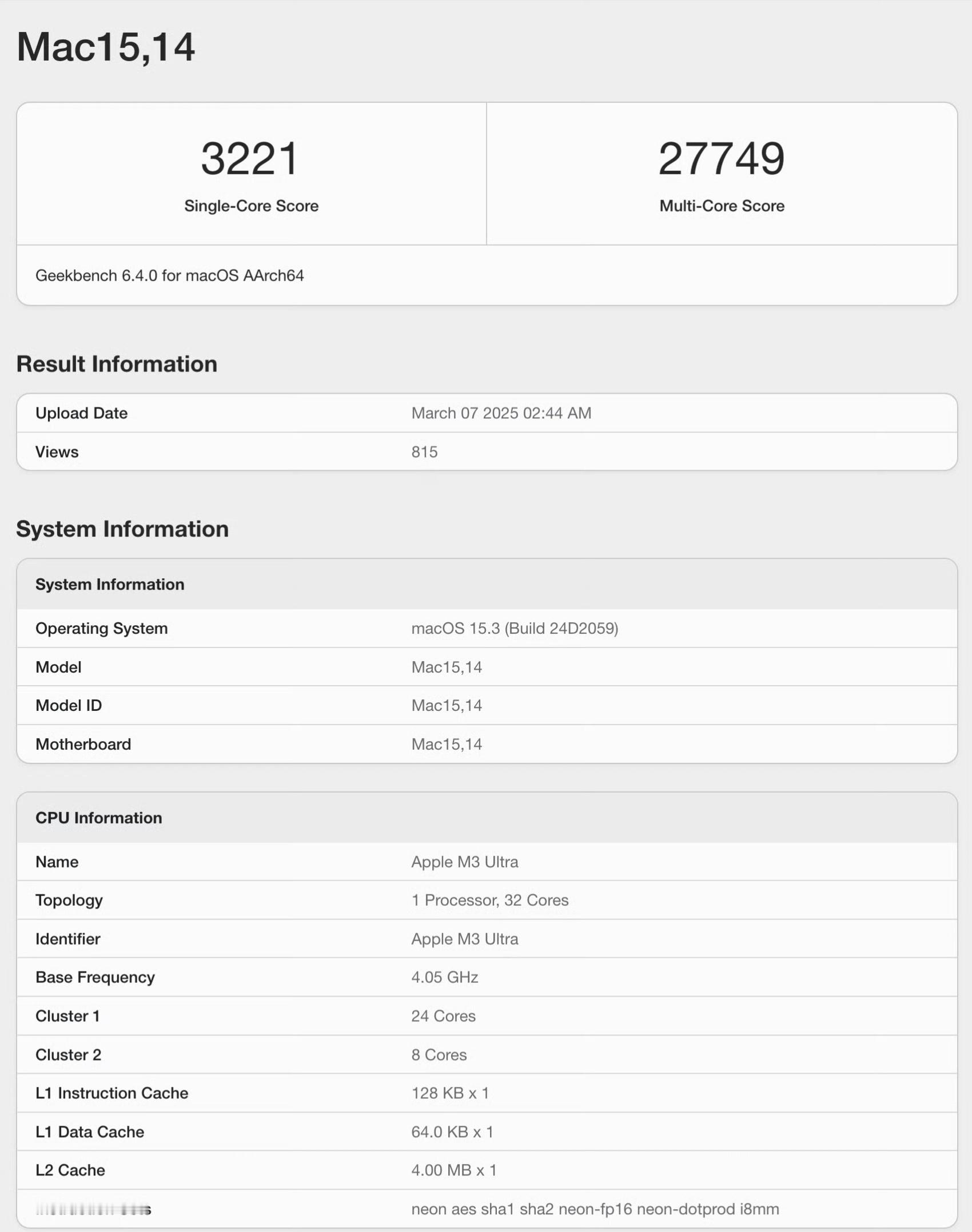 苹果最强芯片 M3 Ultra 的 GeekBench 6 跑分出炉，苹果称其为