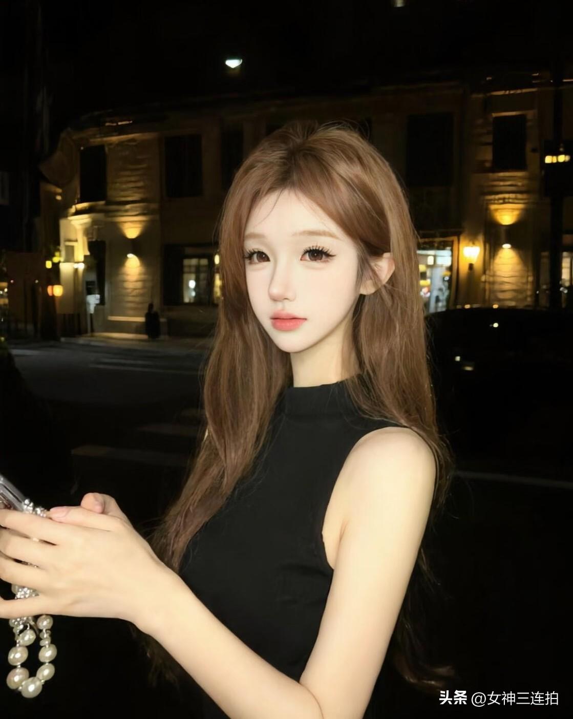 夜晚街拍，甜美少女，手机自拍，珍珠手链，时尚穿搭
