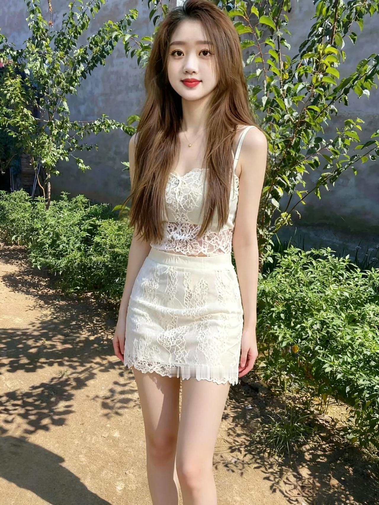 她站在花园的小径上，
像一朵盛开的白蔷薇。
蕾丝裙是她的花瓣，
吊带是她的花茎。