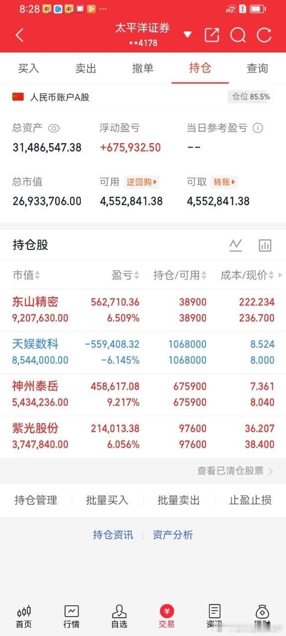 早盘持仓简单复盘，总仓位85.5%，重心集中在科技赛道。东山精密、紫光股份为算力