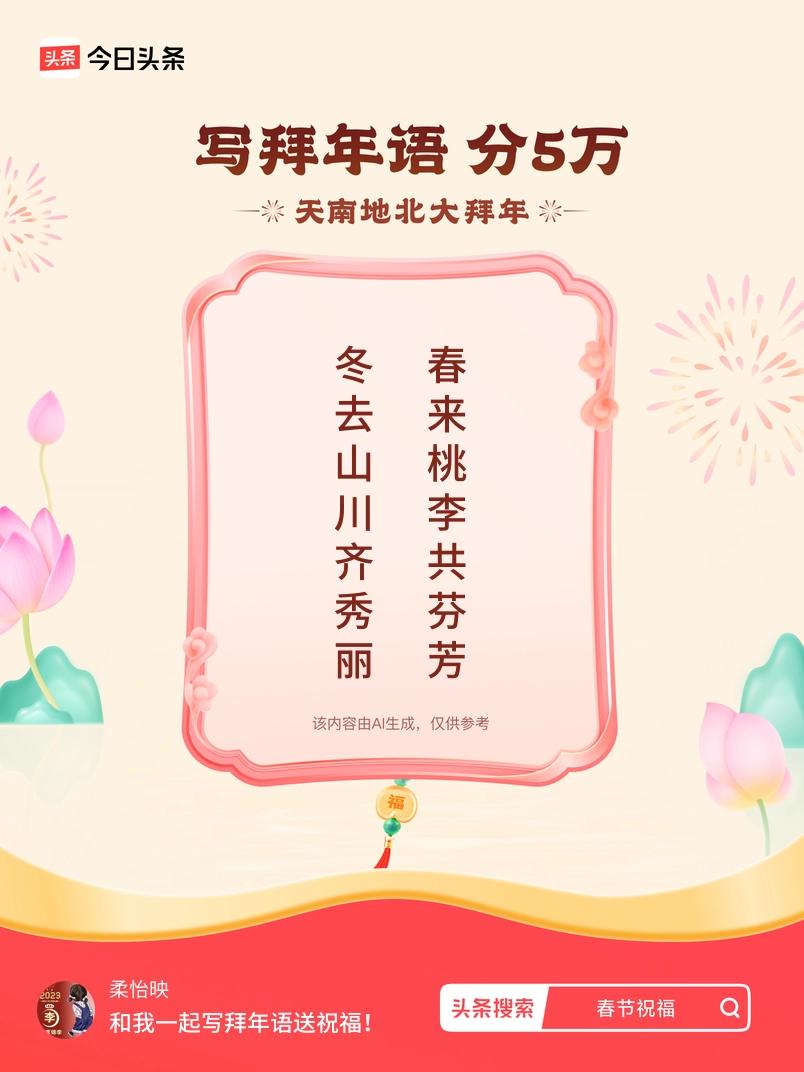 写拜年语送祝福新春拜年送祝福！我的祝福是：“冬去山川齐秀丽，春来桃李共芬芳”！快