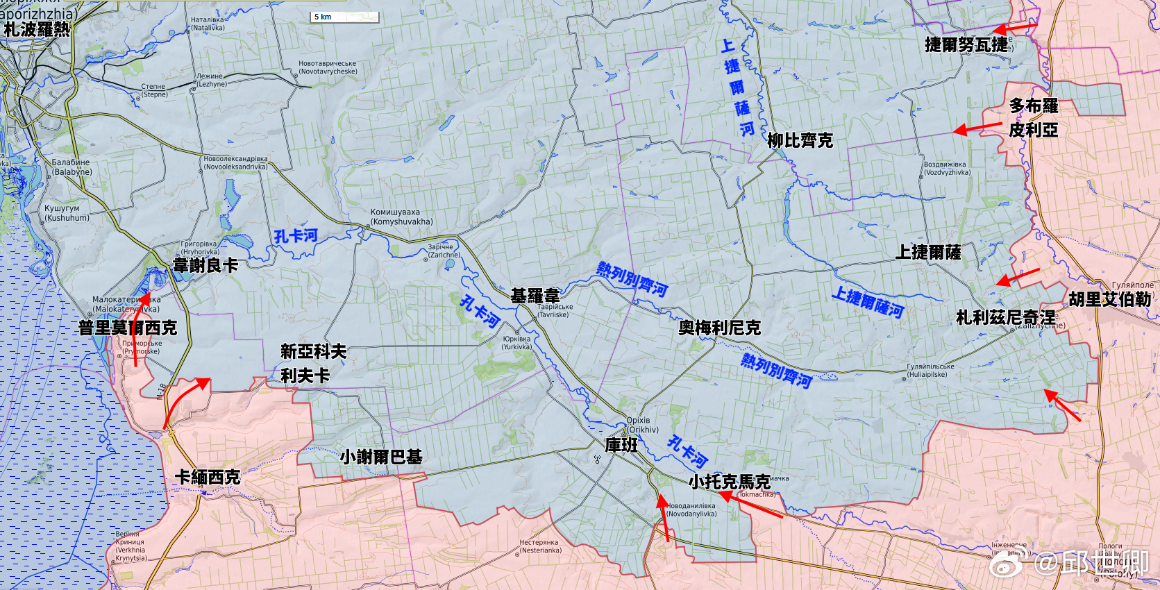 更新札波羅熱一線態勢一、庫班地區俄軍目前沿著孔卡河向庫班方向推進。第70摩托化步