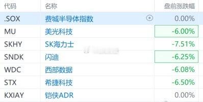 美股存储板块盘前扩大跌幅隔夜美股存储芯片盘前跌幅持续扩大，美光、SK海力士、西部