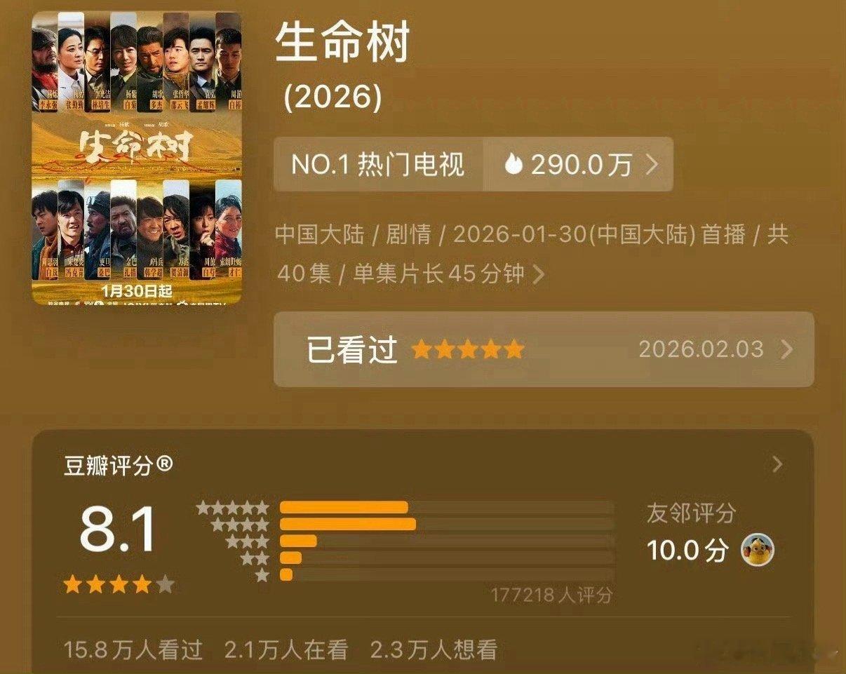 杨紫《生命树》豆瓣开分8.1！17w➕网友打分 生命树豆瓣开分8.1