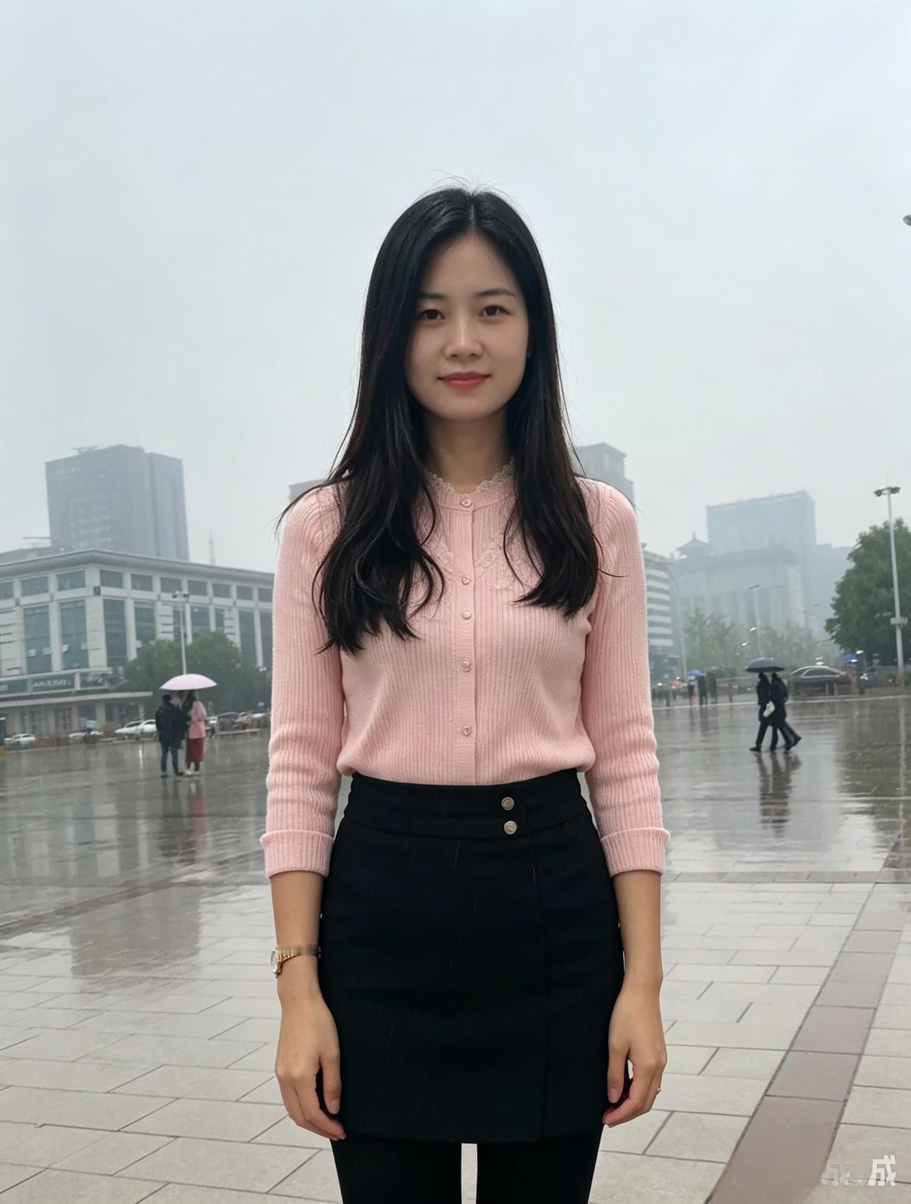 烟雨空蒙映浅妆，柔荑轻立水中央。
粉衫墨裙春无限，一笑风清百卉芳。