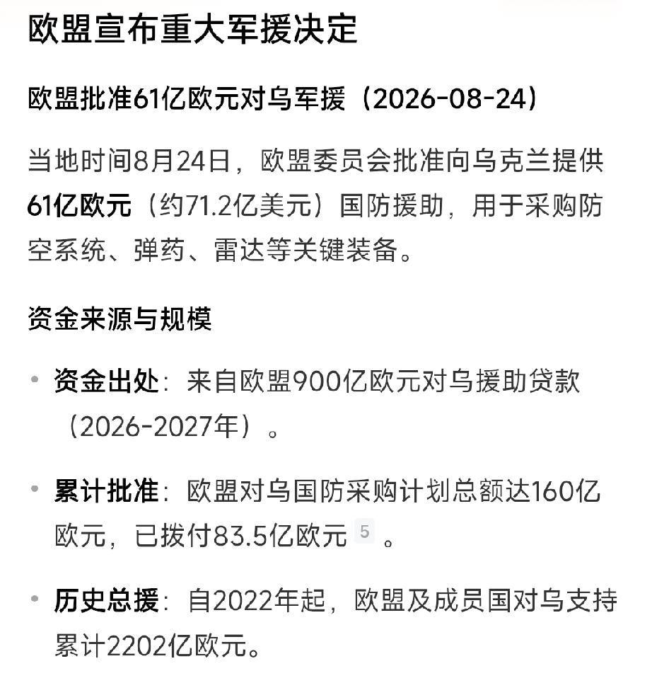 要打多久就打多久，乌克兰白花花的银子怎么花也花不完：

8月24日，欧盟61亿欧