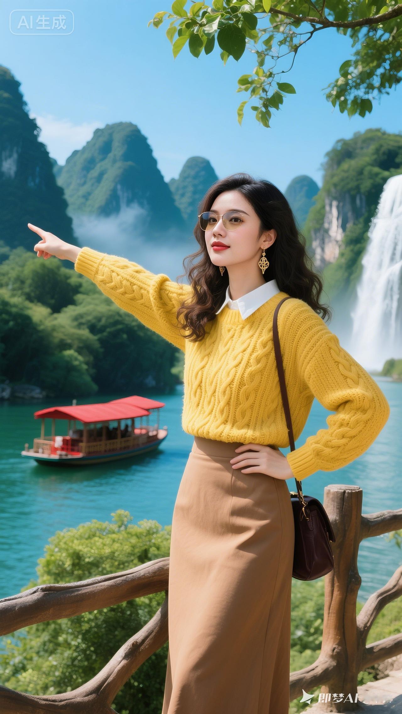 打卡桂林山水，黄色毛衣少女与山水同框！
