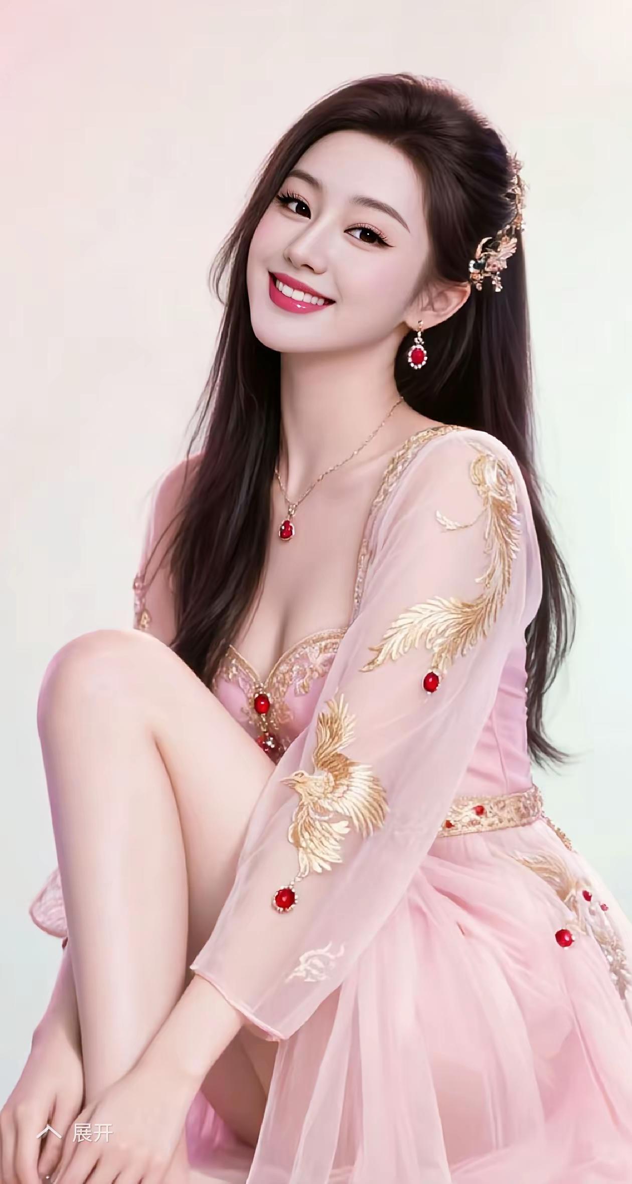 身着粉色长裙的她，就像从古代画卷里走出来的仙子。粉色长裙随风轻舞，那柔软的质感仿