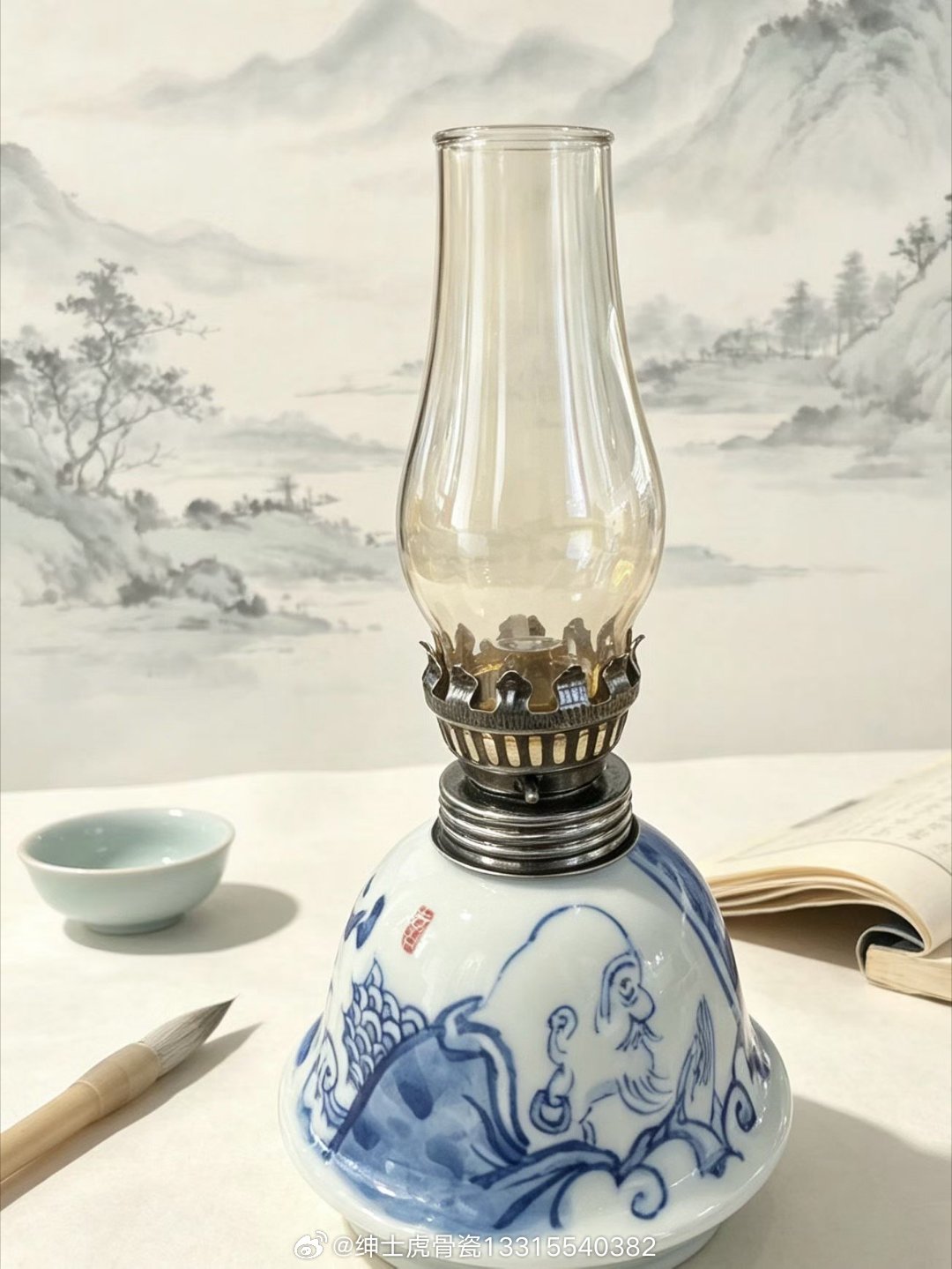 青花复古酥油古灯，茶室床头随处可放！灯火天然驱蚊驱虫，烟气温润养身，禅意青花搭配