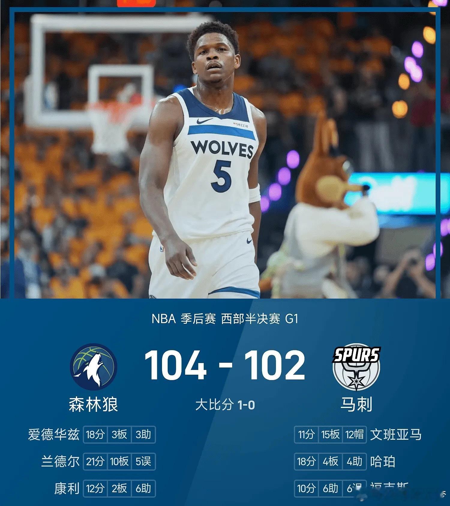 25/26赛季NBA季后赛西部半决赛，马刺对阵森林狼。双方全场战罢，马刺102-