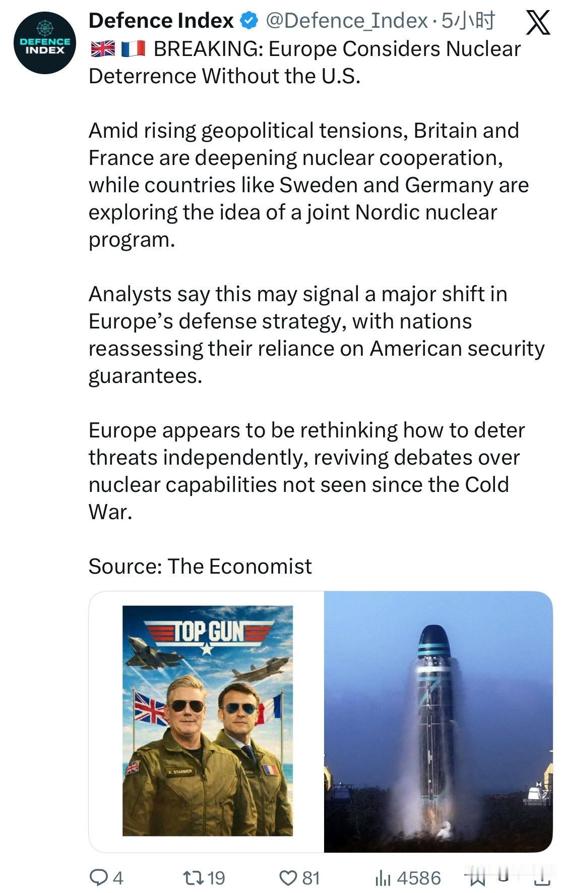 来自《经济学人》的突发新闻：欧洲考虑在没有美国参与的情况下进行核威慑

在地缘政