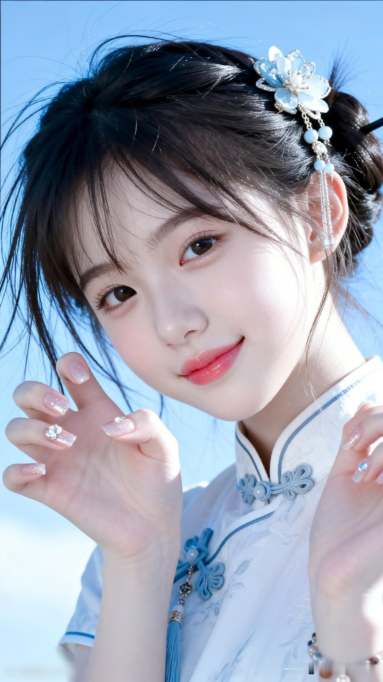温柔少女风，清新蓝白搭配，梦幻发饰点缀，甜美笑容，元气满满！🌸💕