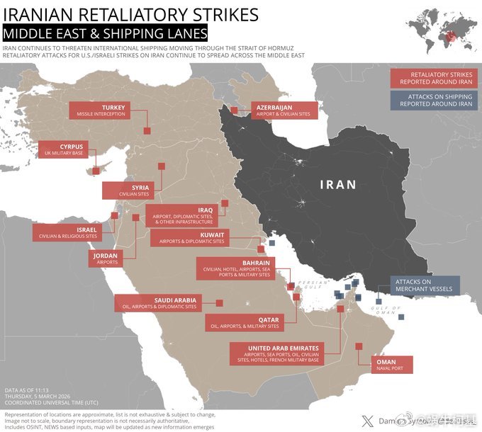 伊朗在中东地区的报复性还击信息图来源：Damien Symon中东局势彻底失控以