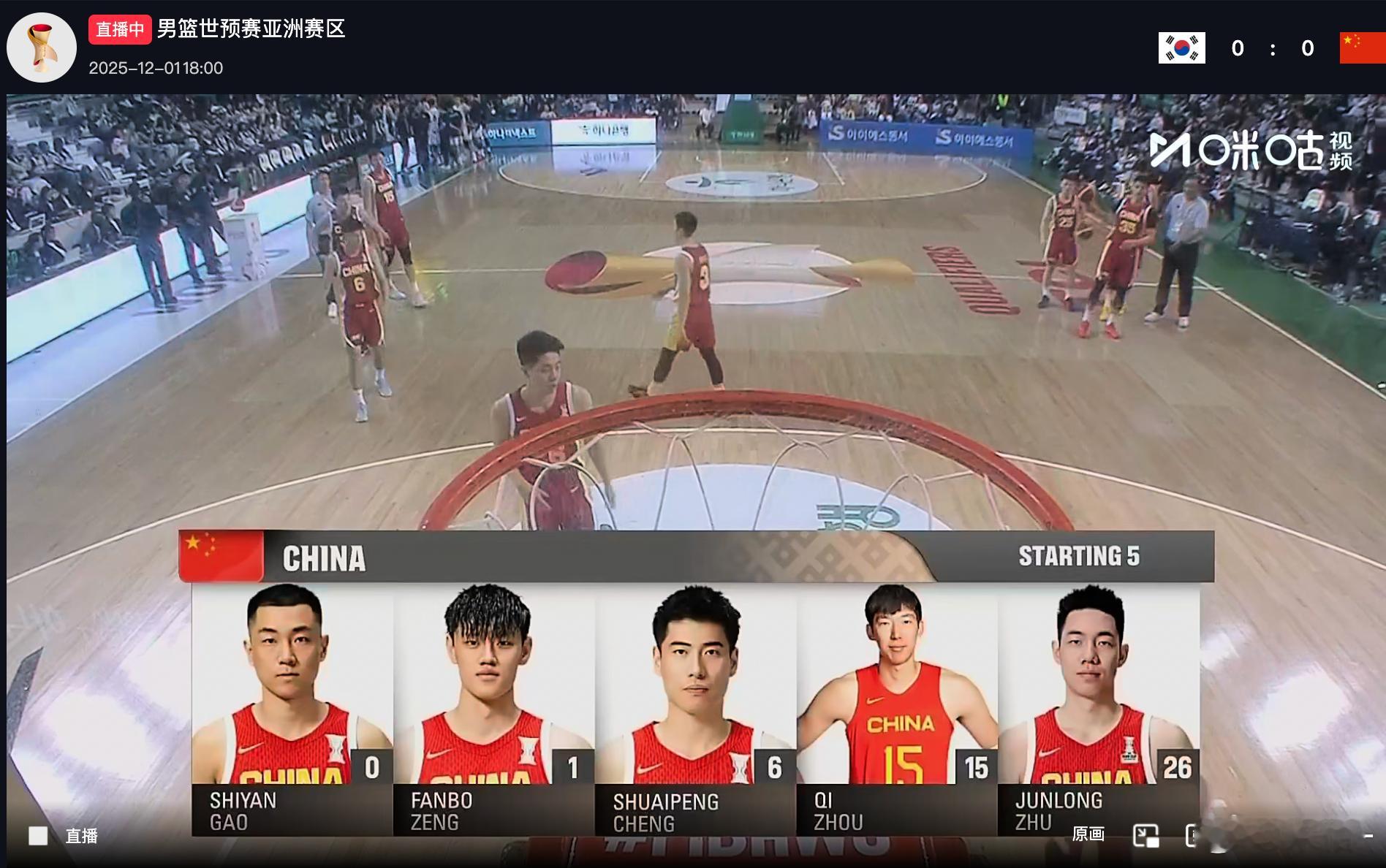 中韩男篮二番战 首发换1人，继续强调防守➡️程帅澎替换胡明轩，重点贴防李贤重。首