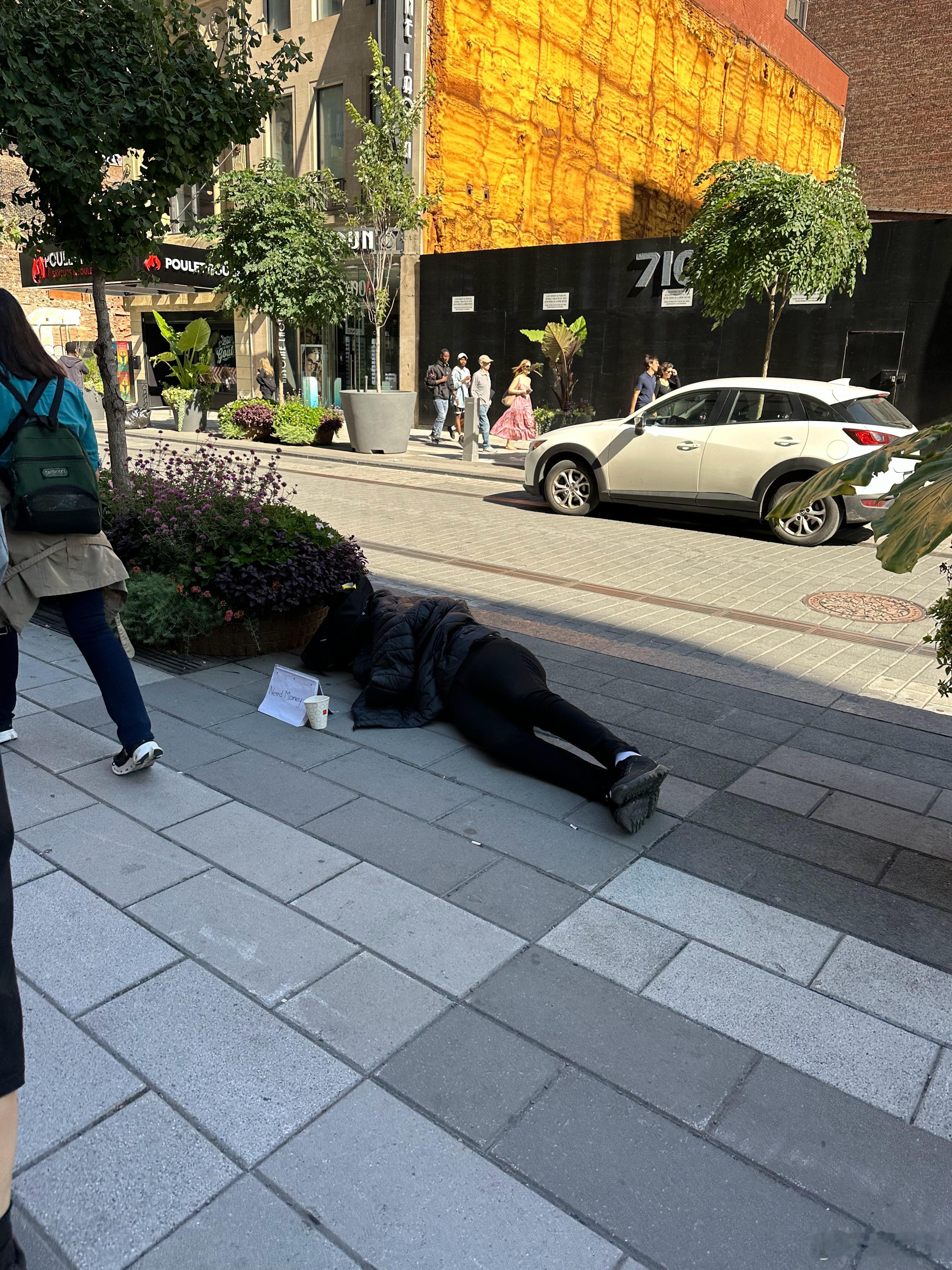 【加拿大流浪汉的“佛系乞讨”】在蒙特利尔街头，经常会看到一些流浪汉在门口想你要钱