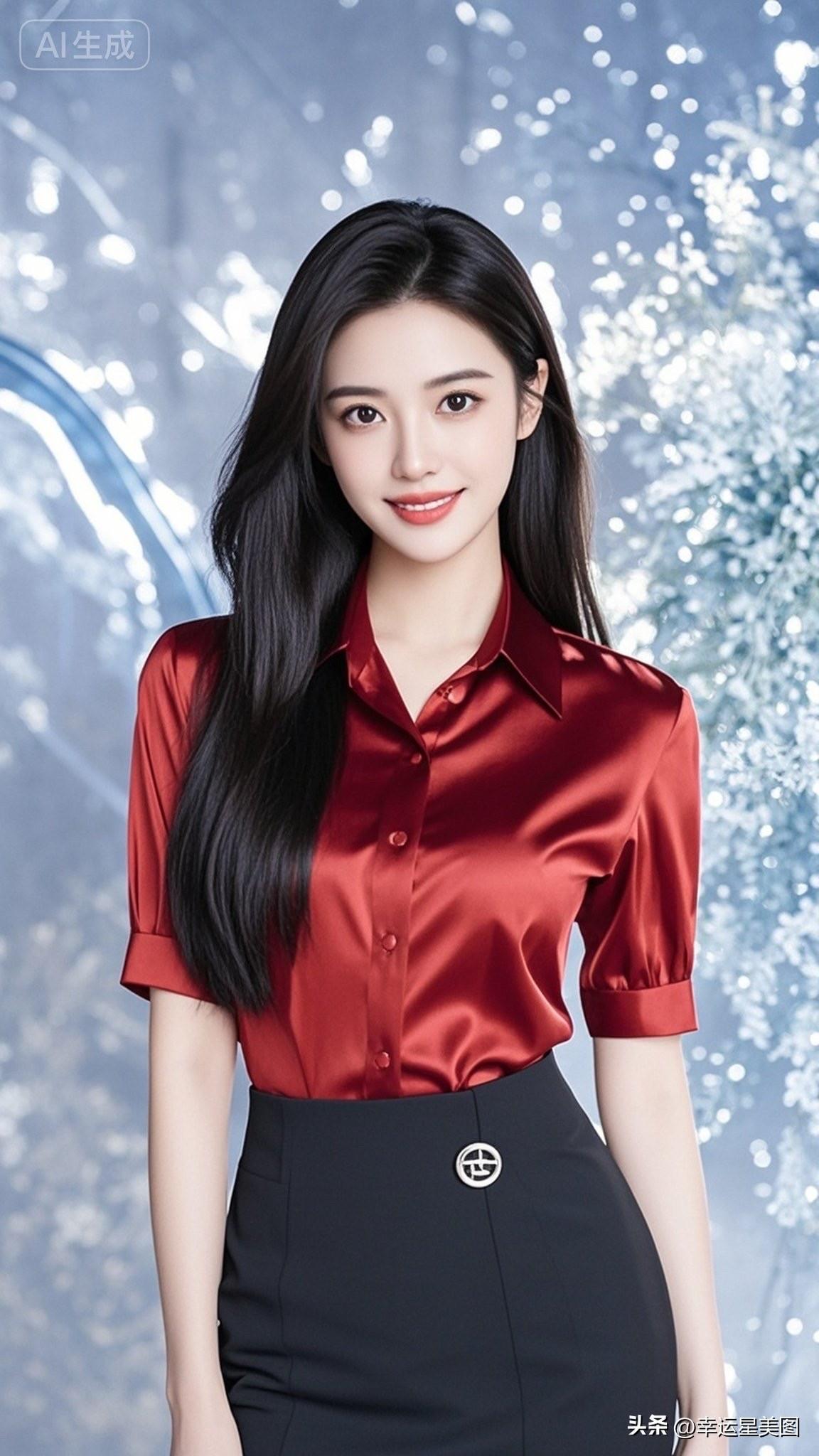 优雅红丝绒衬衫搭配黑色铅笔裙，尽显都市女性魅力！