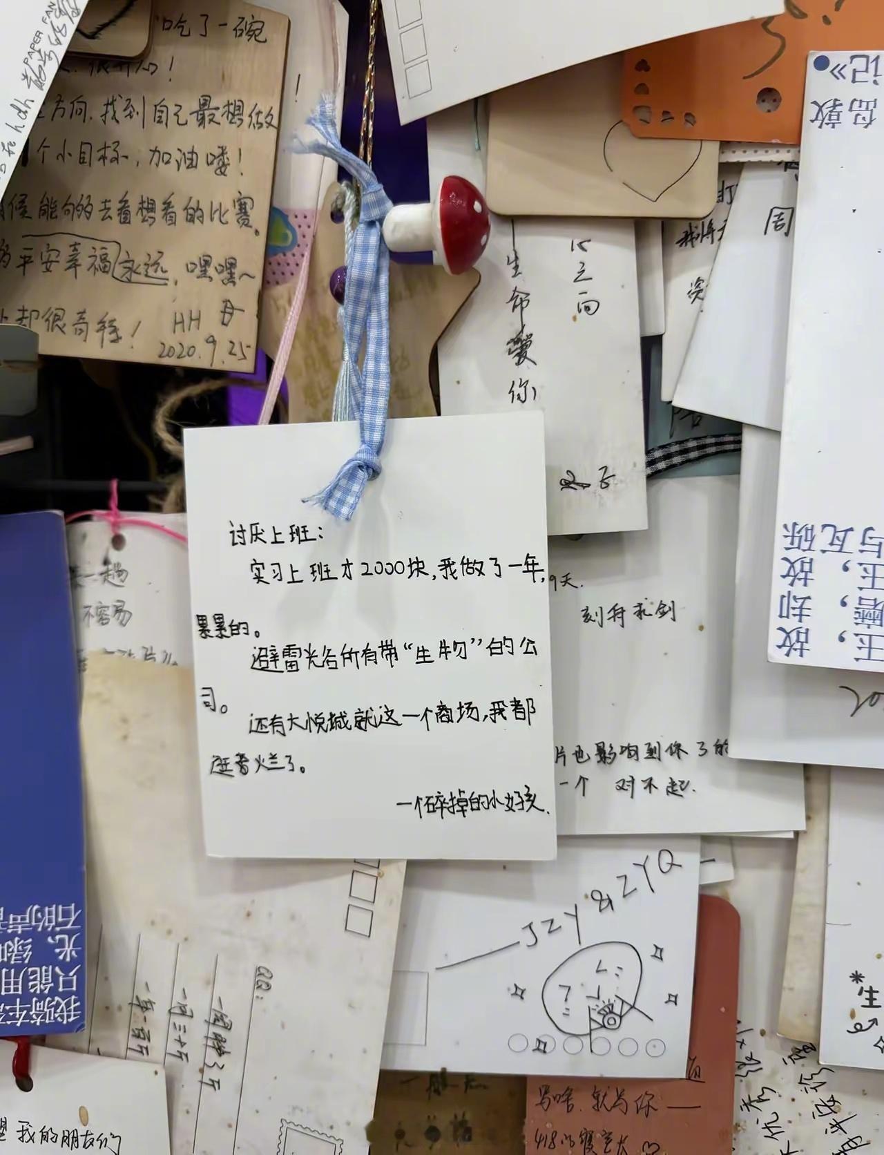 武汉光谷东一家便利店的留言板上，记录了一位打工牛马碎掉的心声。。（图源网络） 