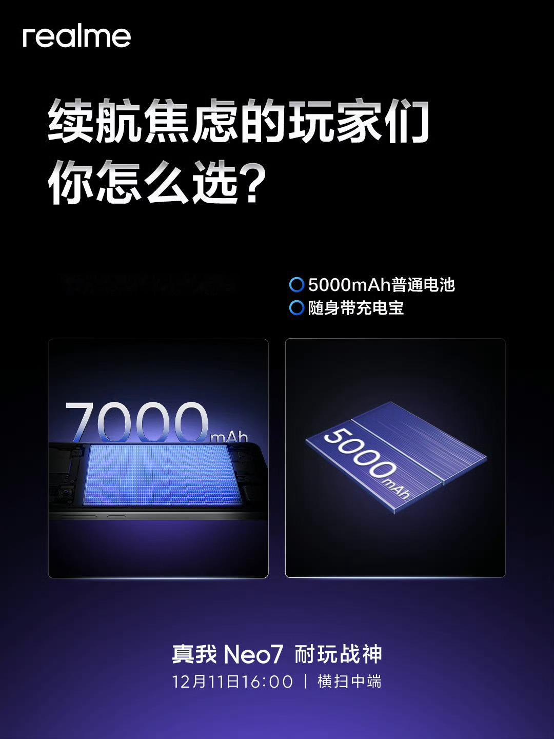 卷完快充卷续航！真我7000mAh大电池官宣，新机真我Neo7首发搭载，号称充一