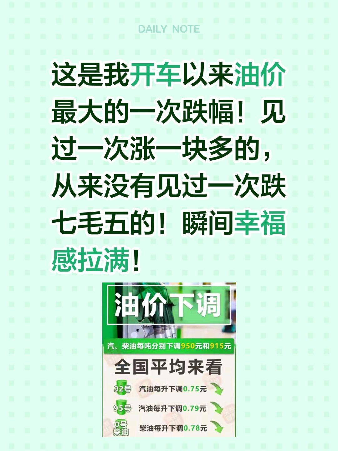 这一次下调幸福感拉满！这是我开车以来油价最大的一次跌幅！见过一次涨一块多的，从来