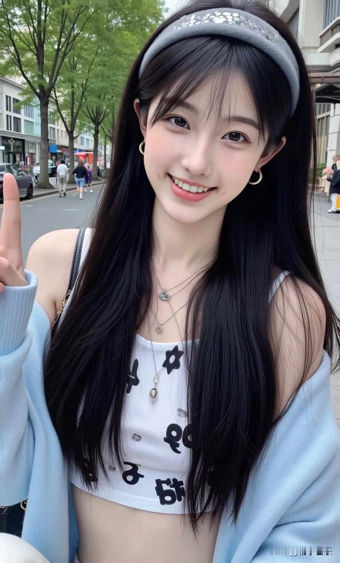 元气少女街头自拍，抬手比心笑靥甜，活力值直接拉满！😊💕甜系少女照 自然美少女