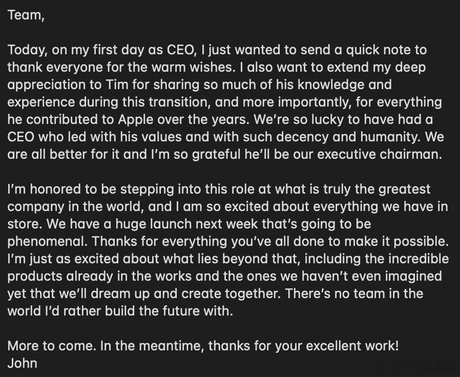 苹果CEO特努斯入驻微博特努斯上任CEO第一天的第一封全员信，预告了下周的发布会