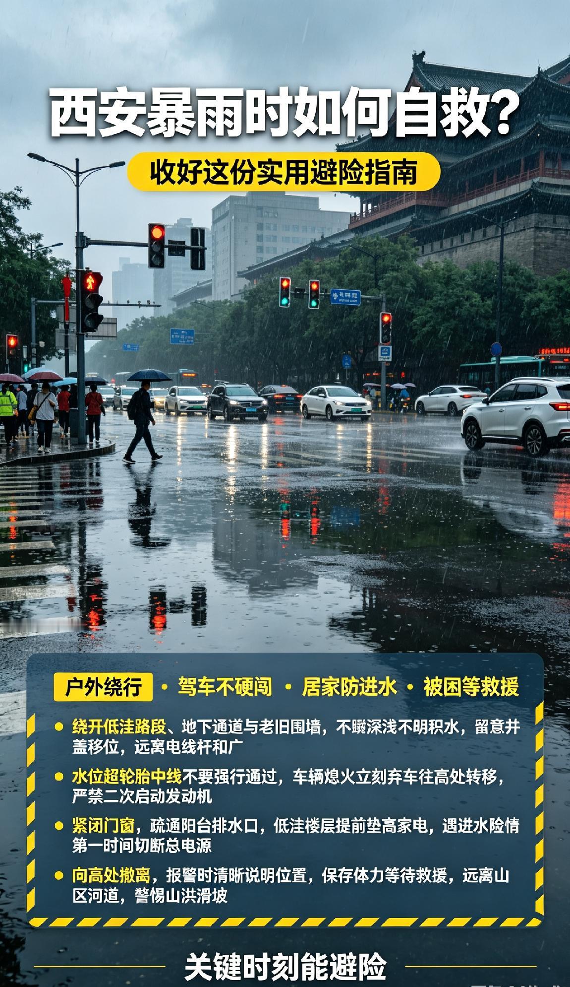 西安汛期短时强降雨多发，城区易出现积水内涝，这份实用自救指南建议收好，关键时刻能