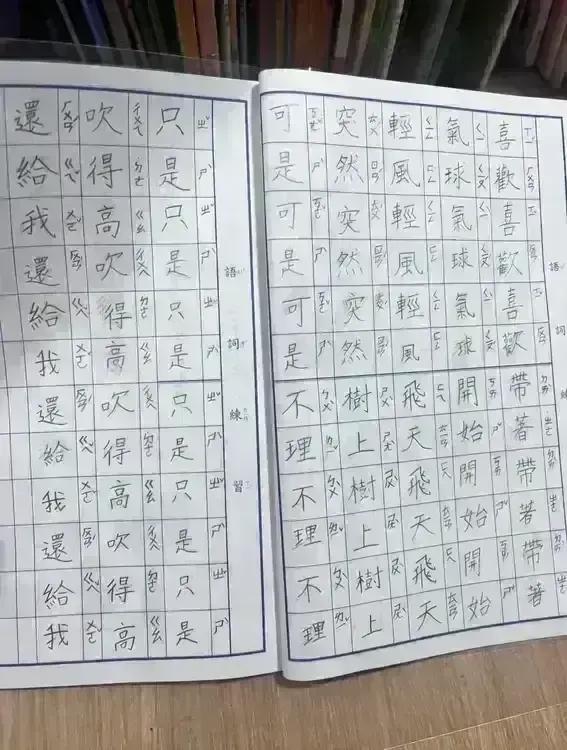 这是台湾省一年级小学生写的作业，汉字后面的拼音还保留着民国时期国音字母注音符号。