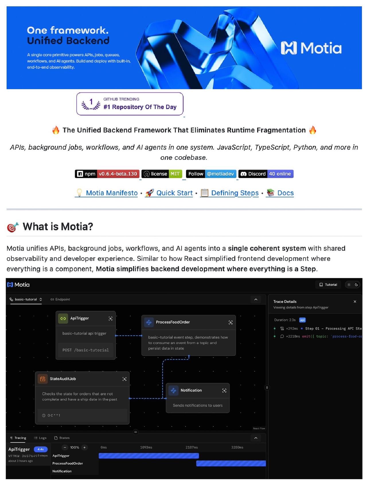 终于有了一个统一的后台框架来构建和扩展AI代理！

Motia 是一个后台框架，