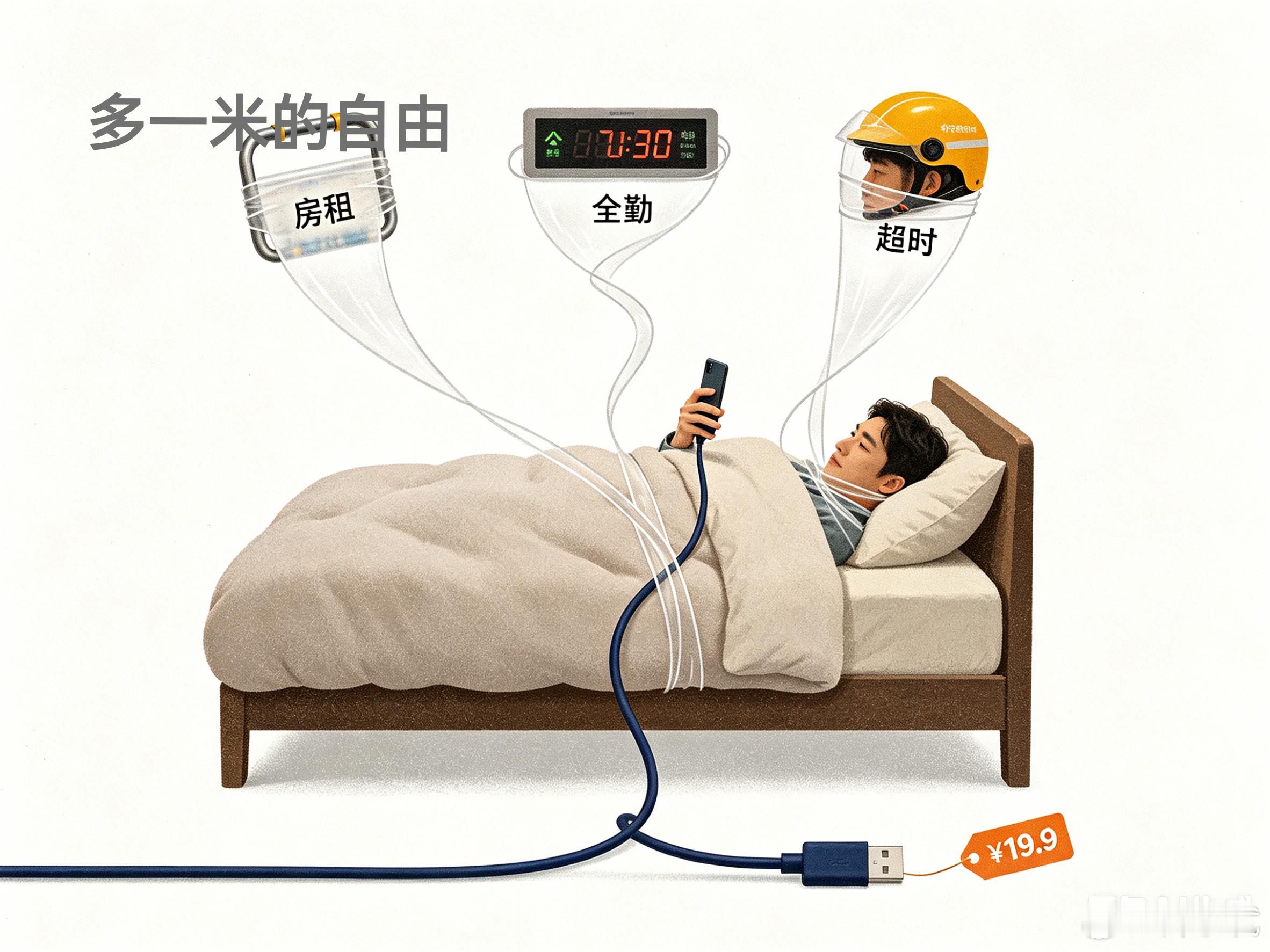 普通人想要翻身 数据线得买加长的上周花19.9买了根2米的数据线，让我终于可以“