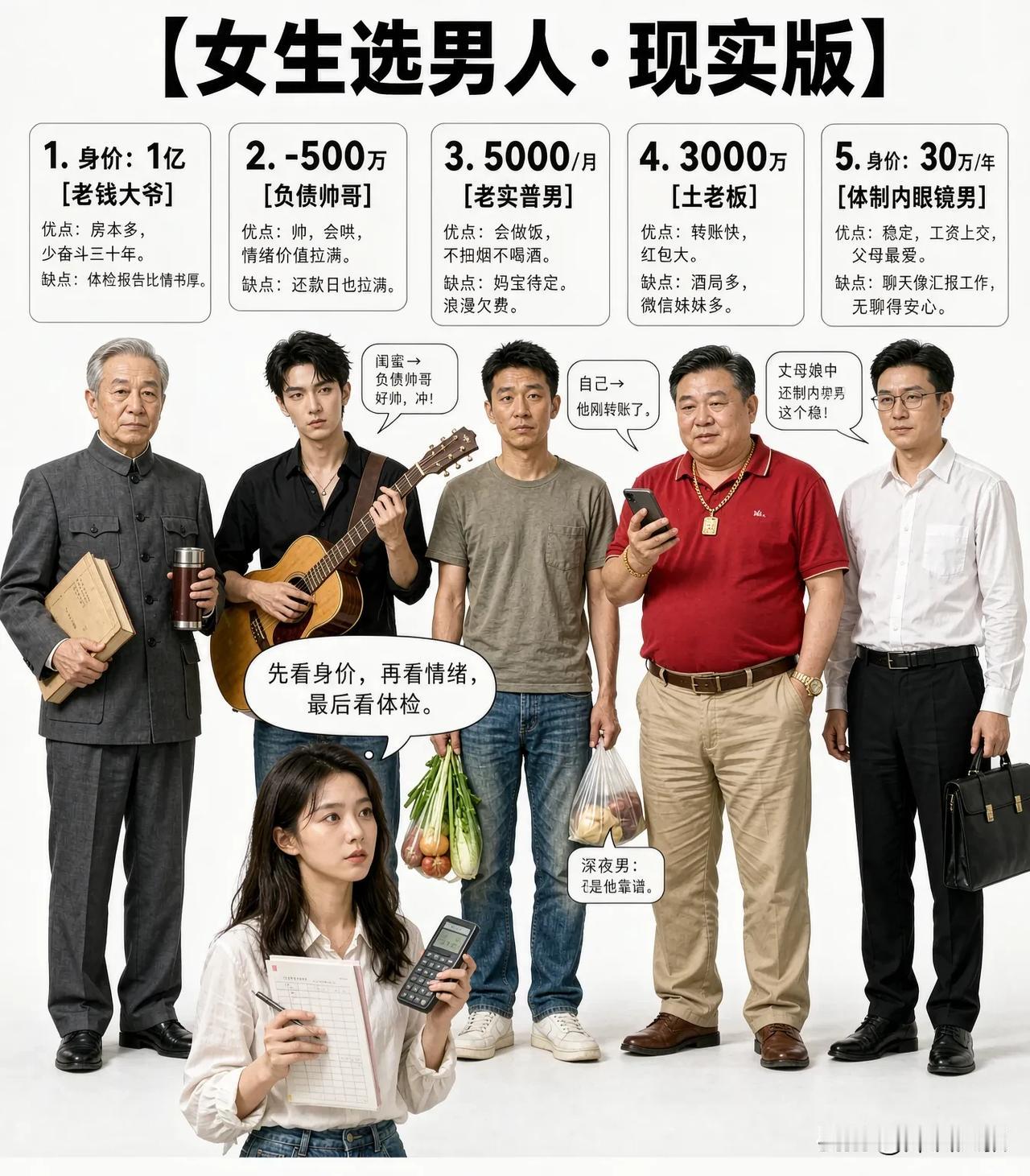 太难选了，在线等

女生先看身价，再看情绪，最后看体检。

闺蜜→负债帅哥：好帅