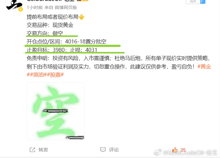 提前布局黄金4018空，现报4001位置已有170个点，稳出，减持！顺利带实盘扭