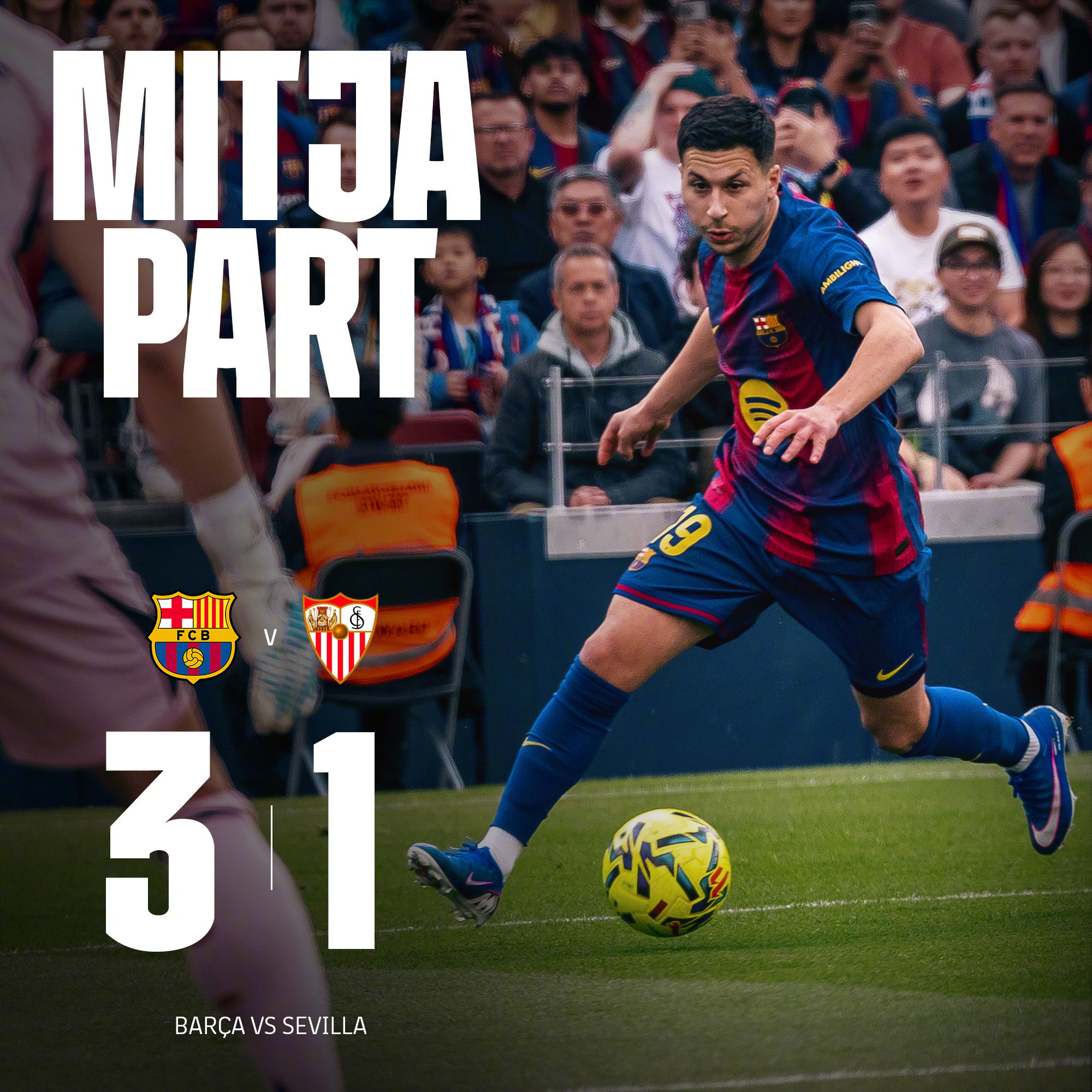 巴萨vs塞维利亚上半场比赛结束，巴萨主场3:1领先塞维利亚。本场比赛巴萨凭借左路