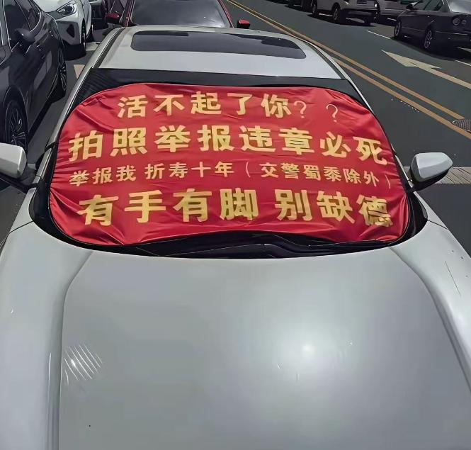 男子违章乱停被人举报，不仅没端正态度，还特地做了一个横幅放在车上：“活不起了你？