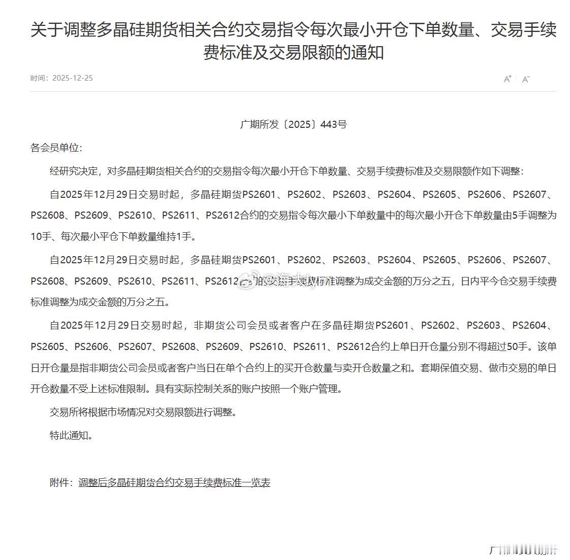 广州期货交易所：关于调整多晶硅期货相关合约交易指令每次最小开仓下单数量、交易手续