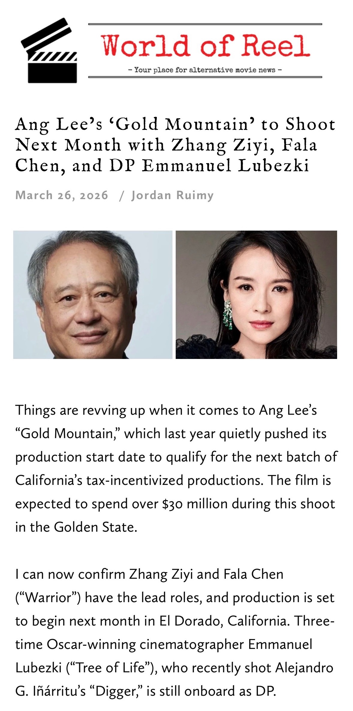 章子怡李安再合作外媒透露李安新片《老金山》将由章子怡、陈法拉主演，预计下月开机。