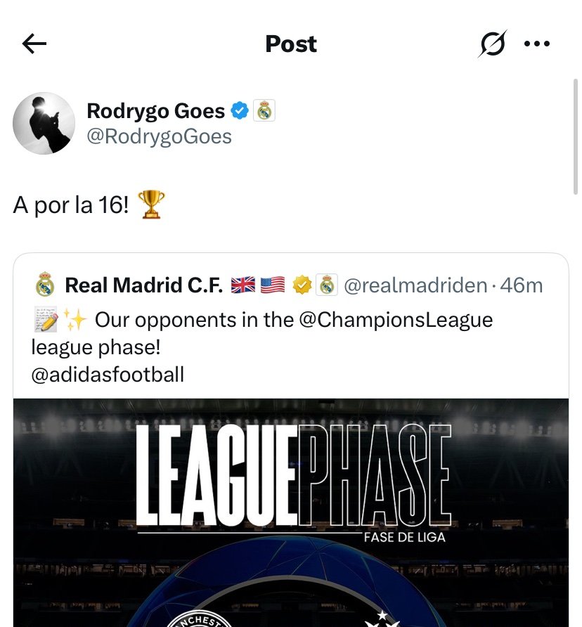 罗马诺：罗德里戈在欧冠抽签​​后发表的帖子表明他将留在皇马。halamadrid