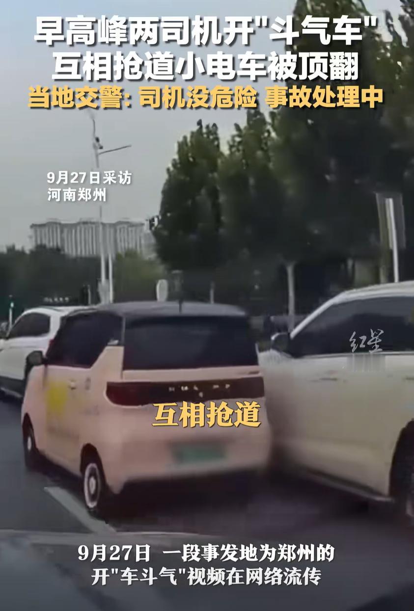 “不自量力！”河南郑州，一女子早高峰时，开着粉色的小电车，紧紧跟着旁边的白车不放