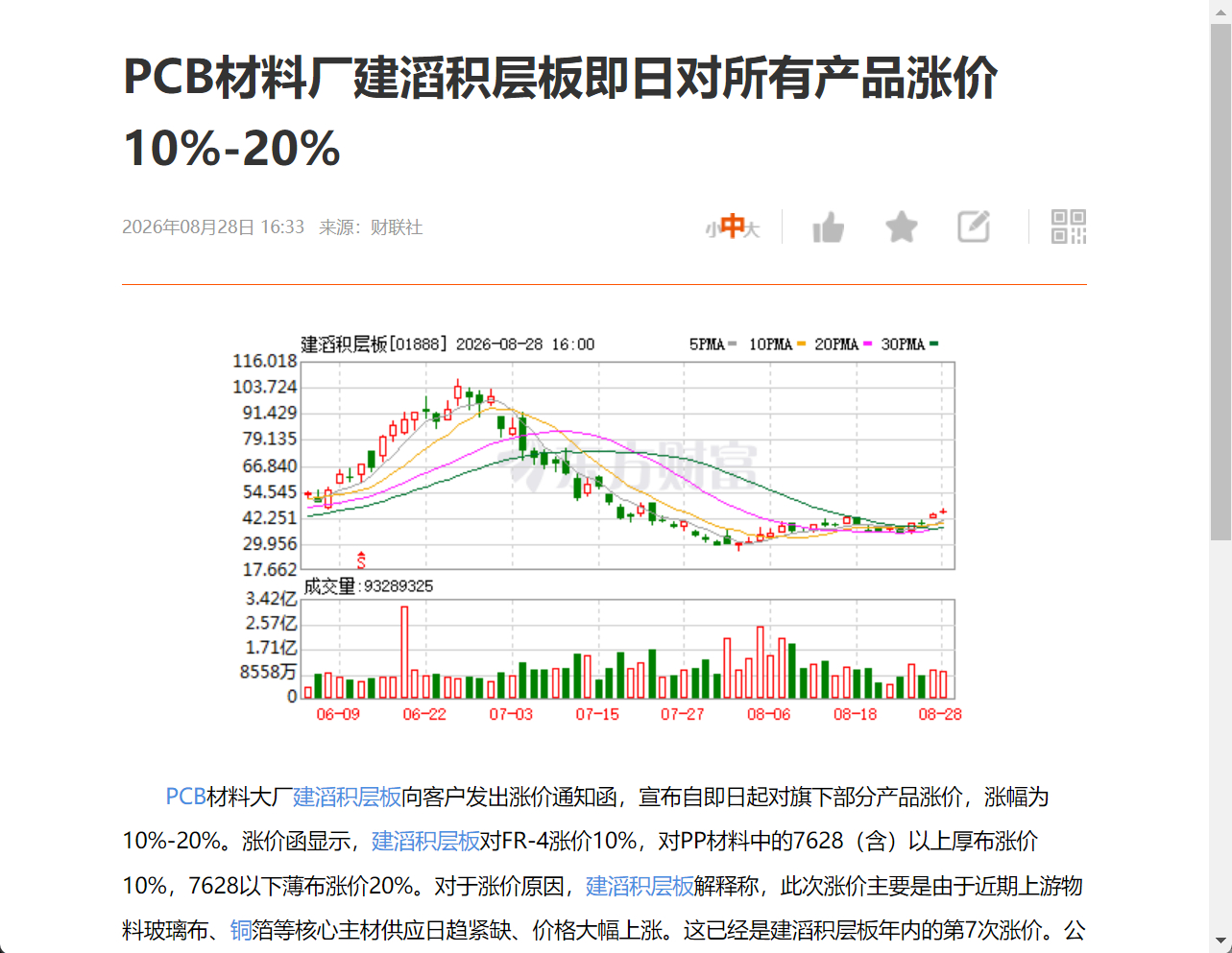 PCB材料厂建滔积层板即日对所有产品涨价10%-20% ​​​