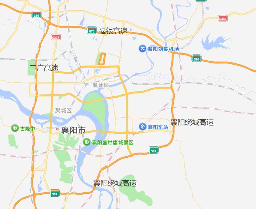 襄阳环城高速由福银高速（汉十段）、二广高速（襄荆段）以及襄阳绕城高速东段、南段共
