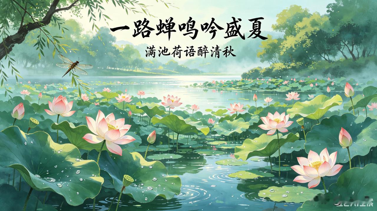 上联：一路蝉鸣吟盛夏
下联：满池荷语醉清秋