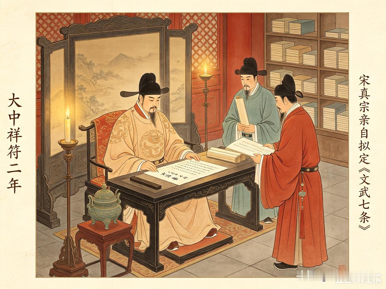 大中祥符二年（1009年）十一月，宋真宗亲自拟定了《文武七条》。文臣七条是“清心