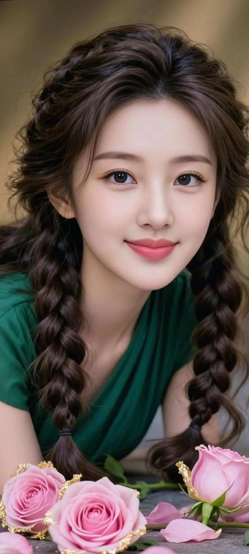 甜美少女心爆棚，粉玫瑰与绿衣相映成趣，温柔笑靥如花。🌹💚🌸