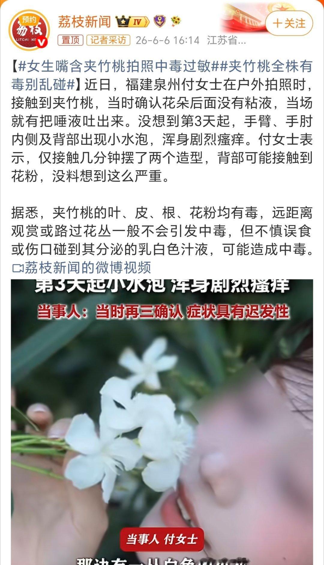 女生嘴含夹竹桃拍照中毒过敏唉！还能咋说呢？夹竹桃有毒！是真的不知不懂吗？！………
